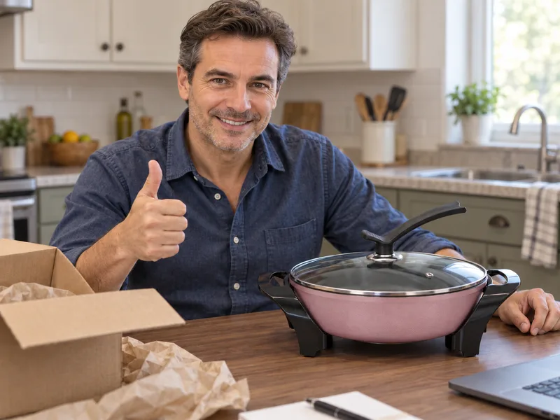 Illustration of a fictional buyer smiling at the camera and giving a thumbs-up beside a pink JG-024 sample in a kitchen