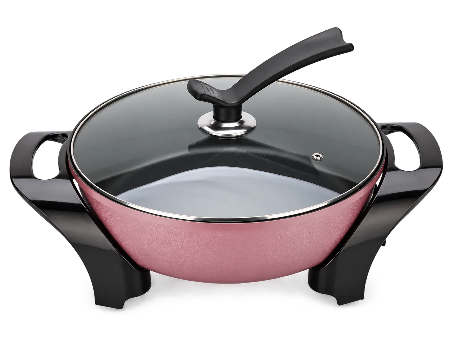 Pink round JG-024 electric skillet with glass lid and integrated side handles