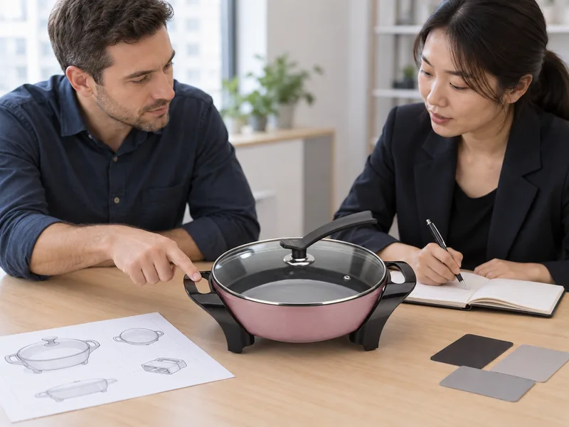Illustration of a fictional buyer pointing to a pink round JG-024 sample while a product specialist takes notes