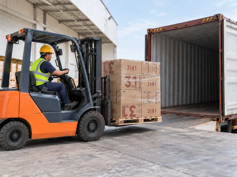 Illustration of cartons being loaded into a shipping container by forklift