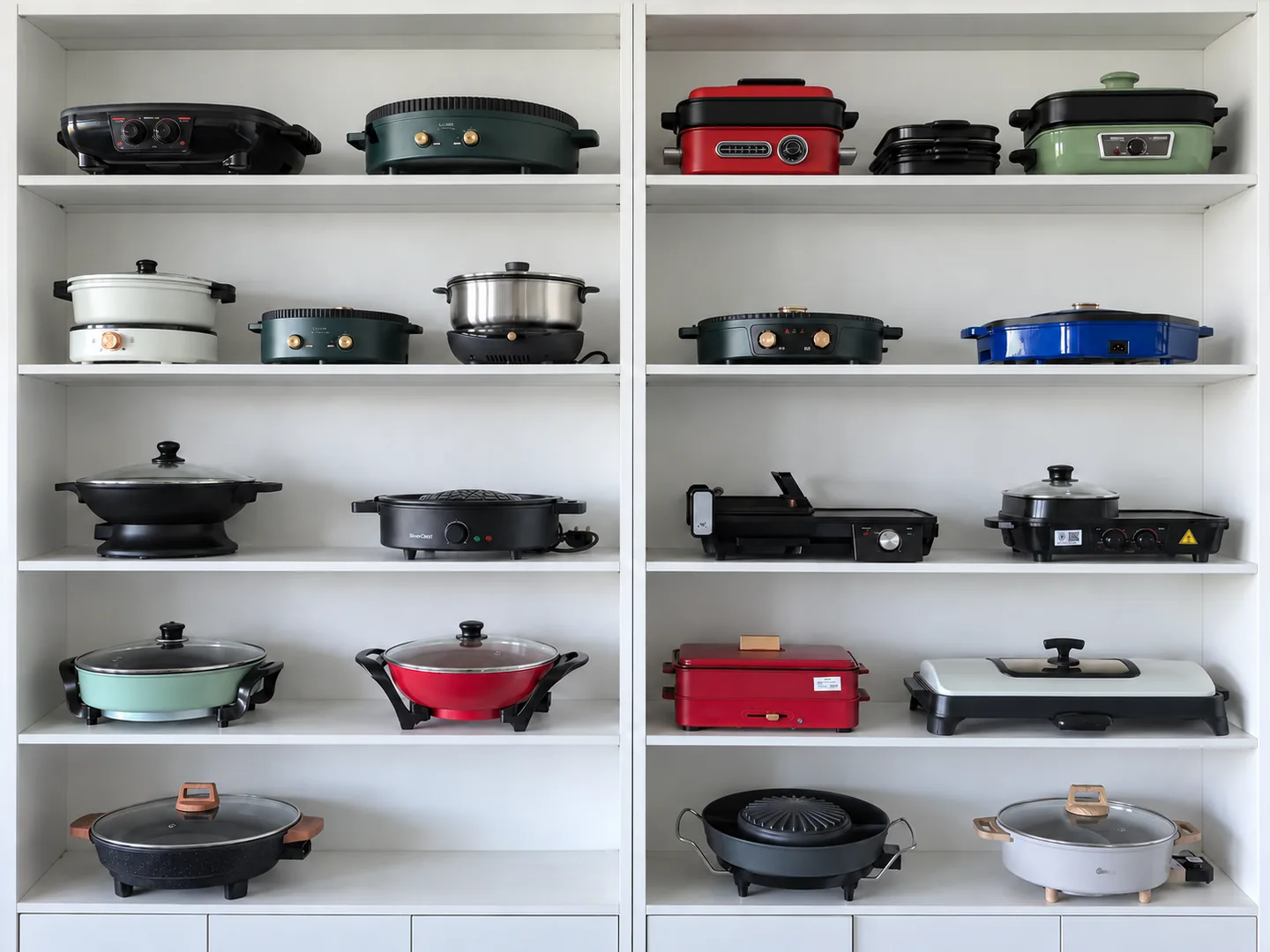 Electric cookware samples arranged on showroom shelves