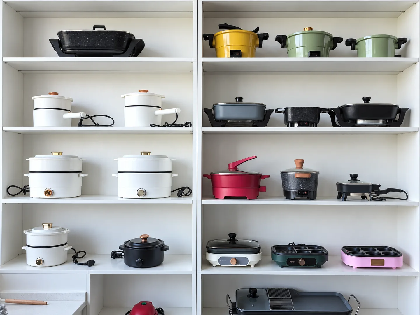 Cookware samples displayed on shelves in the sample room
