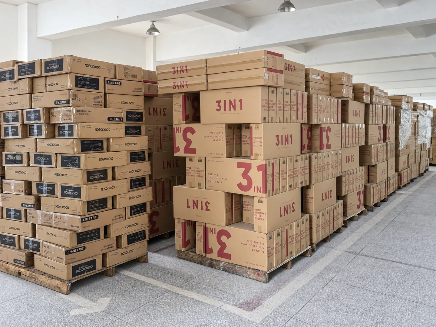 Cartons stacked on pallets along the warehouse aisle