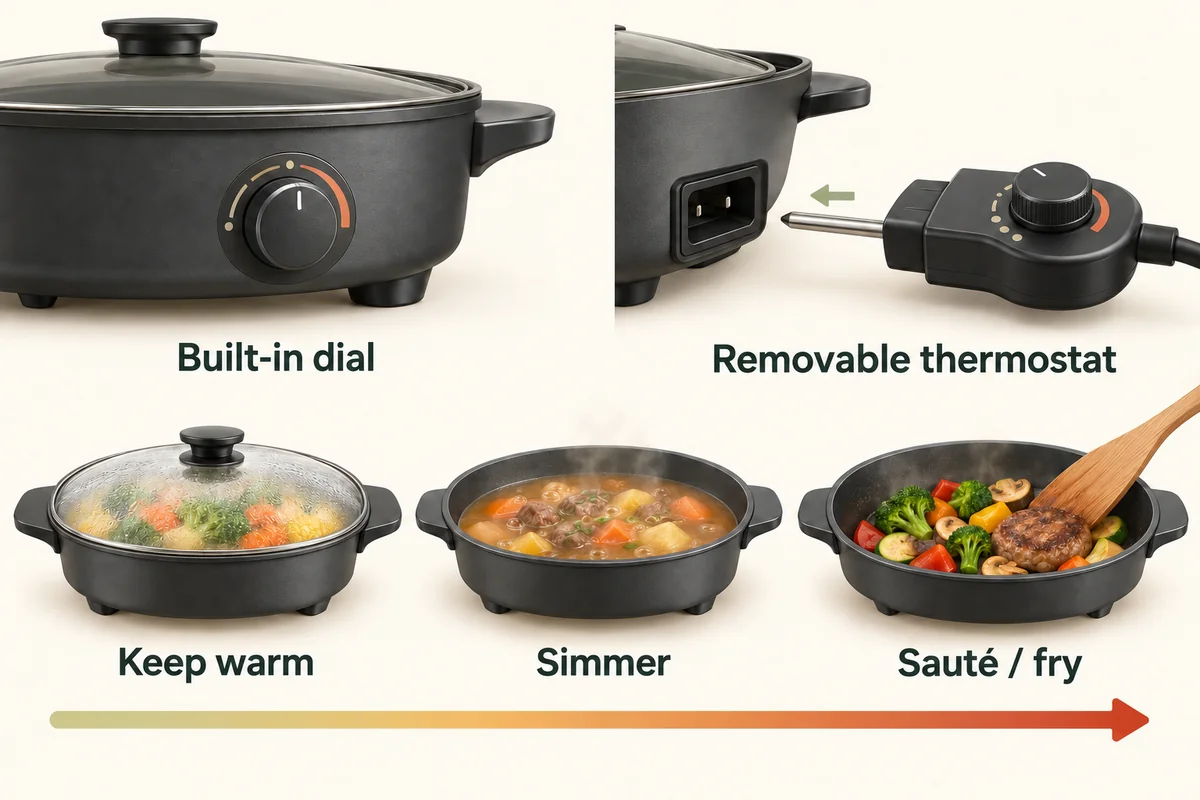 Generic electric skillet controls with English labels for a built-in dial and removable thermostat, above illustrations of keep-warm, simmering and sautéing or frying uses.