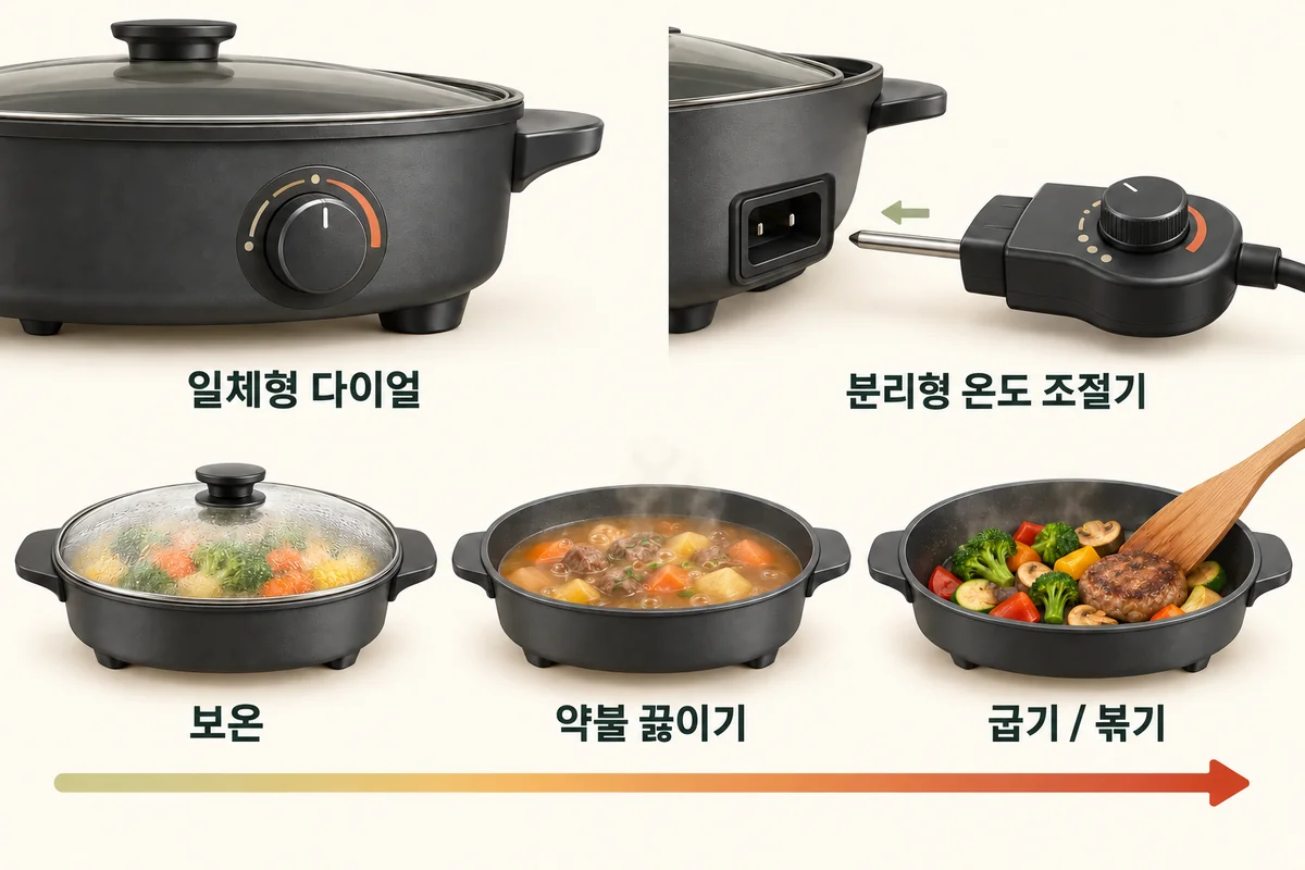 일체형 다이얼과 분리형 온도 조절기를 비교하고, 아래에 보온, 약불 끓이기, 굽기 / 볶기 용도를 한국어로 표시한 일반 구조 도해.