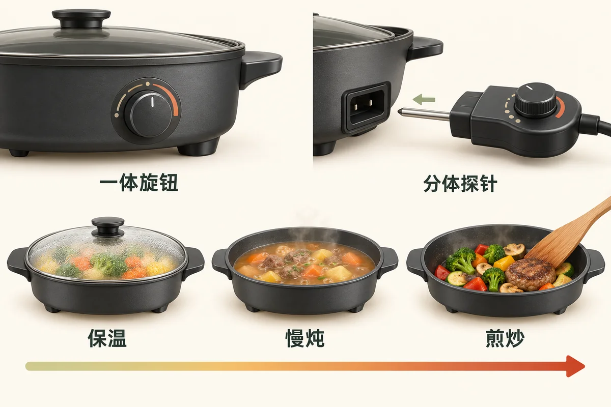 通用控温结构示意，上方对照一体旋钮与分体探针，下方展示保温、慢炖和煎炒三种用途。
