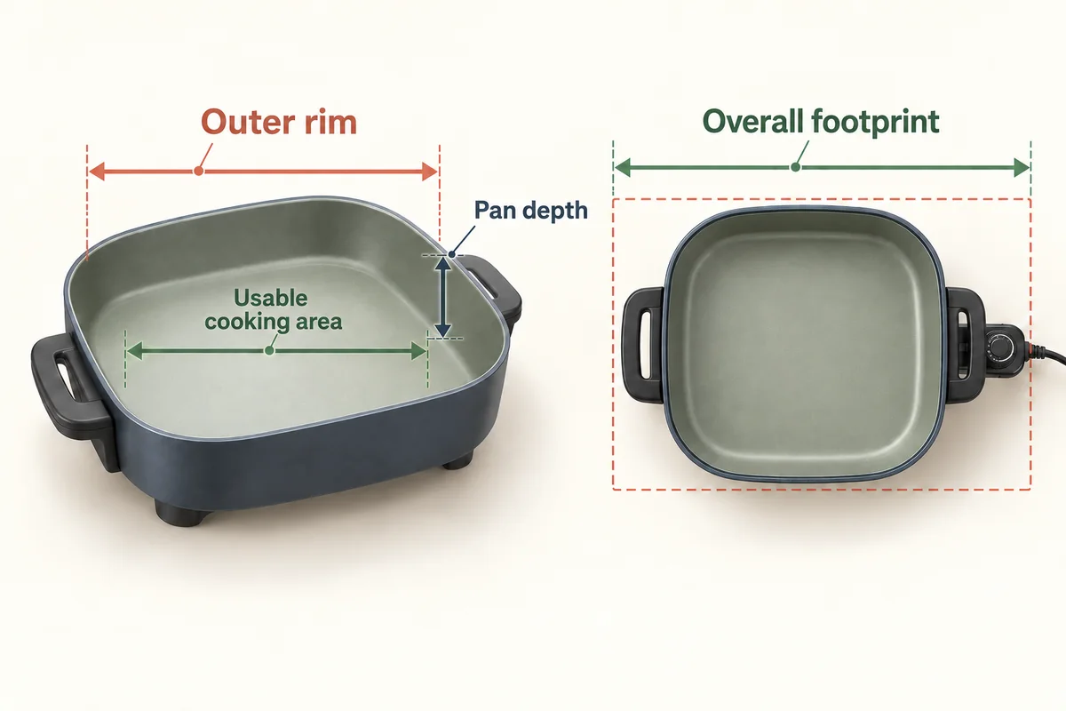 Generic three-dimensional electric skillet diagrams with English labels for the outer rim, usable cooking area, pan depth and overall footprint including handles and thermostat.