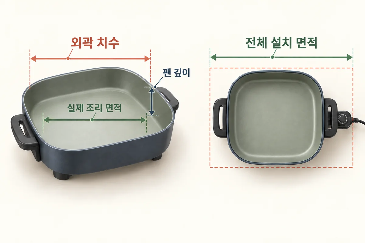 외곽 치수, 실제 조리 면적, 팬 깊이와 손잡이·온도 조절기를 포함한 전체 설치 면적을 한국어로 표시한 일반 전기 프라이팬의 입체 도해.