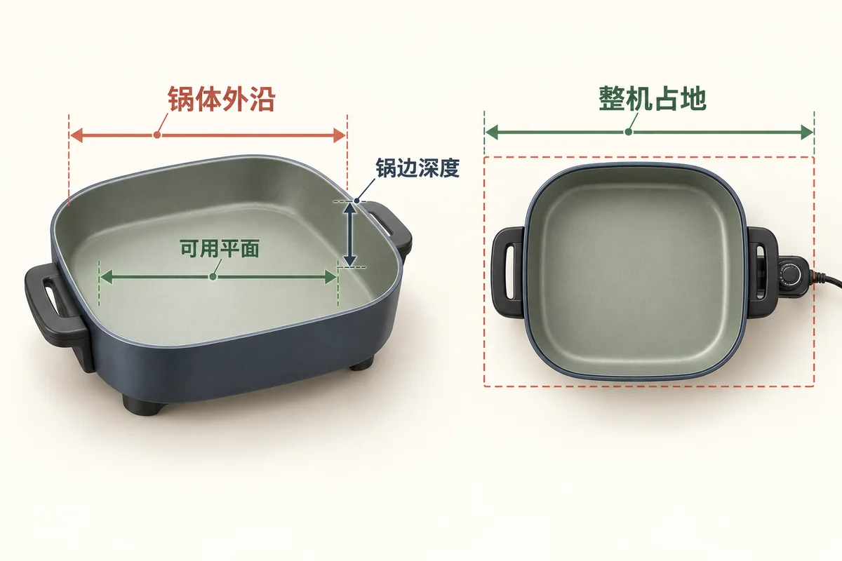 通用电煎锅三维尺寸示意，标出锅体外沿、可用平面、锅边深度，以及包括手柄和控温器的整机占地。