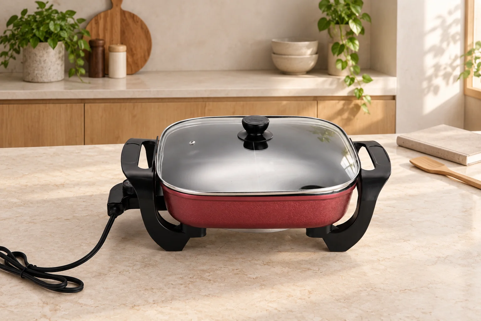 The textured red Hebang JG-002D electric skillet, with its clear lid, black handles and side-mounted thermostat, on a pale stone countertop in a bright kitchen.