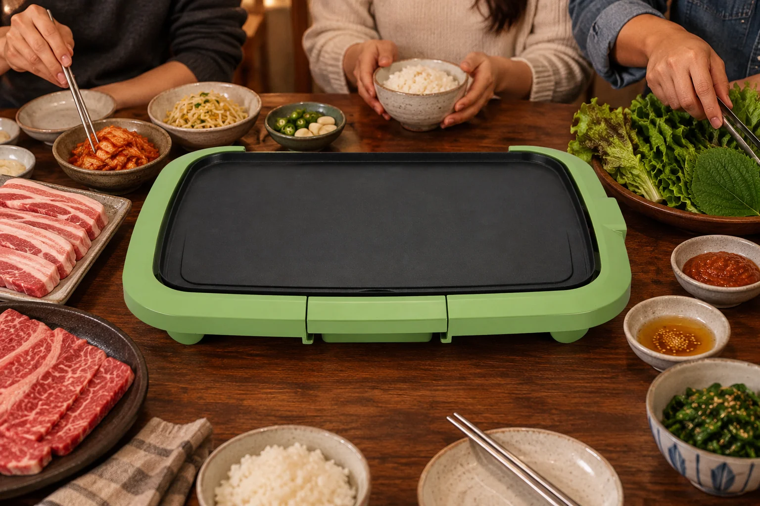 The complete green Hebang JP-001 electric grill on a Korean BBQ table, with its flat black cooking surface empty and greens, side dishes, sauces and separate raw-meat trays arranged around it.