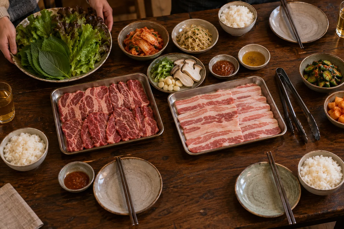 Overhead view of a Korean BBQ spread with beef and pork on separate trays beside lettuce, perilla leaves, kimchi, bean sprouts, dipping sauces and rice.