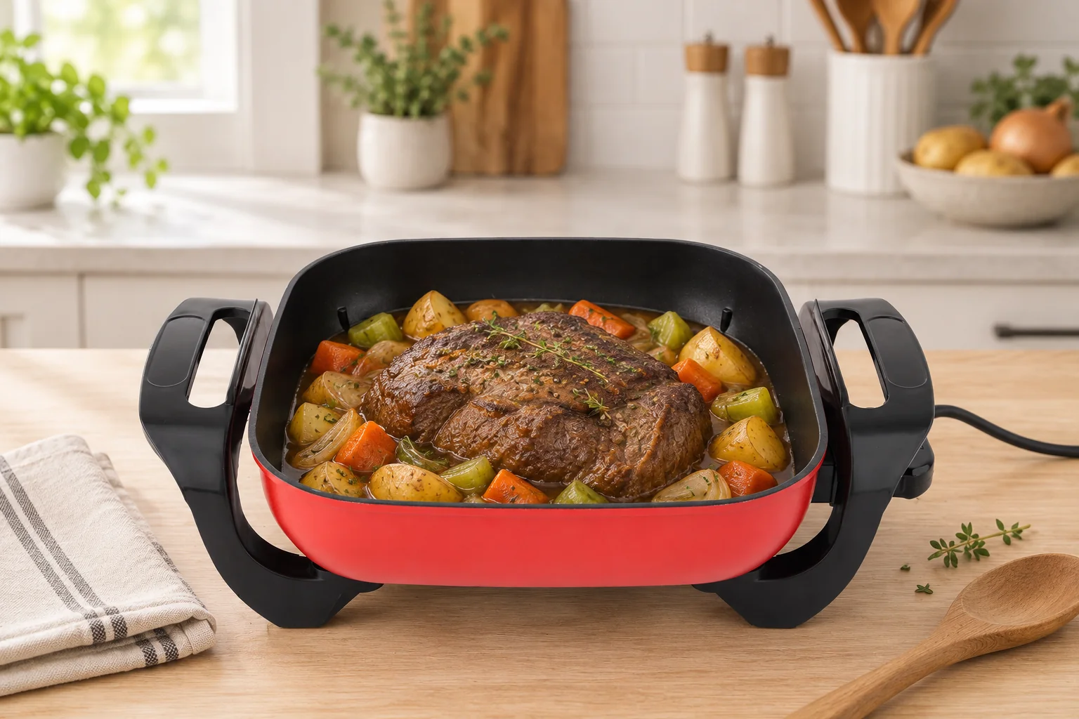 Red Hebang JG-002A electric skillet holding beef pot roast with potatoes, carrots, celery and onion on a wooden kitchen worktop.