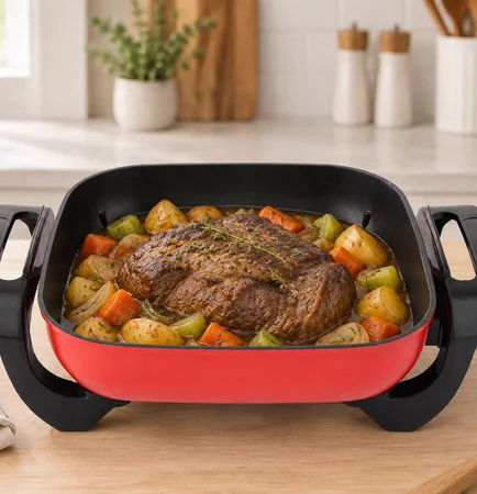 Red Hebang JG-002A electric skillet holding beef pot roast with potatoes, carrots, celery and onion on a wooden kitchen worktop.