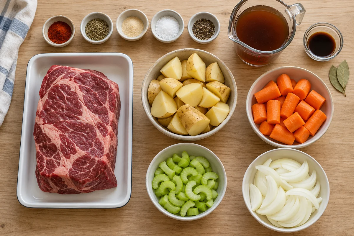 Overhead view of raw chuck roast in a separate tray beside bowls of potatoes, carrots, celery, onion, broth and seasonings.