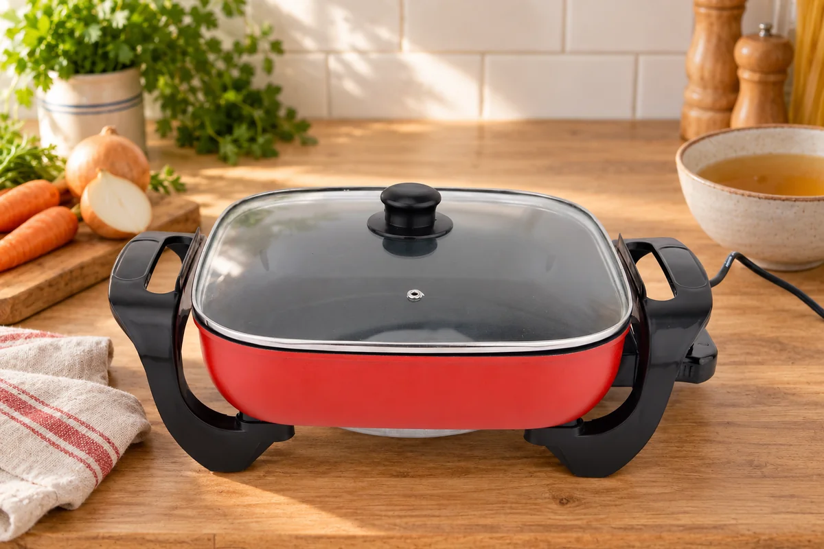 Red JG-002A electric skillet with a glass lid on a wooden kitchen worktop beside vegetables and a bowl of broth.