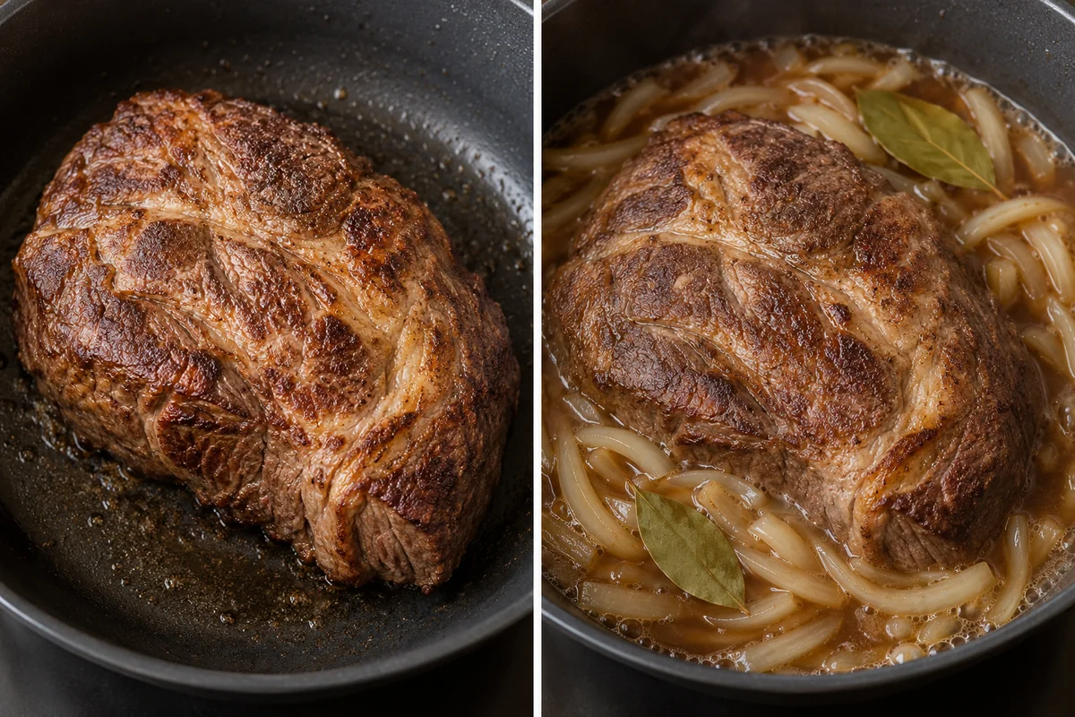 Two close views of a generic pan: browned beef on the left and beef with onion, bay leaves and broth on the right.