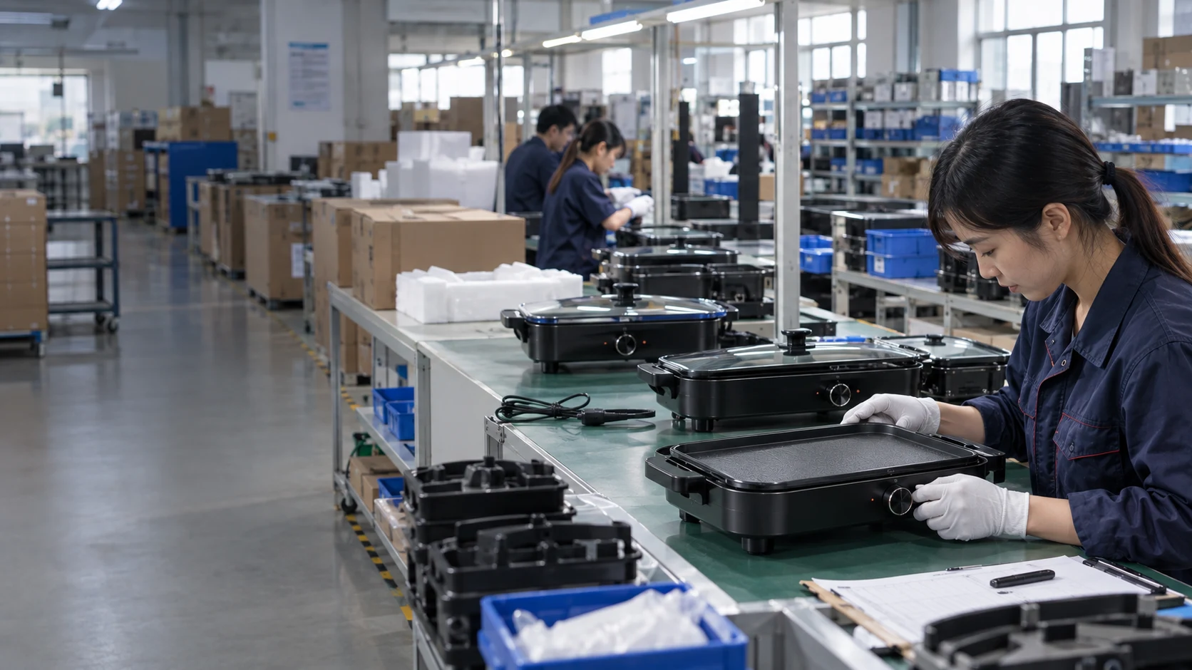 Chinese quality inspector checking electric cooking appliances on an assembly line