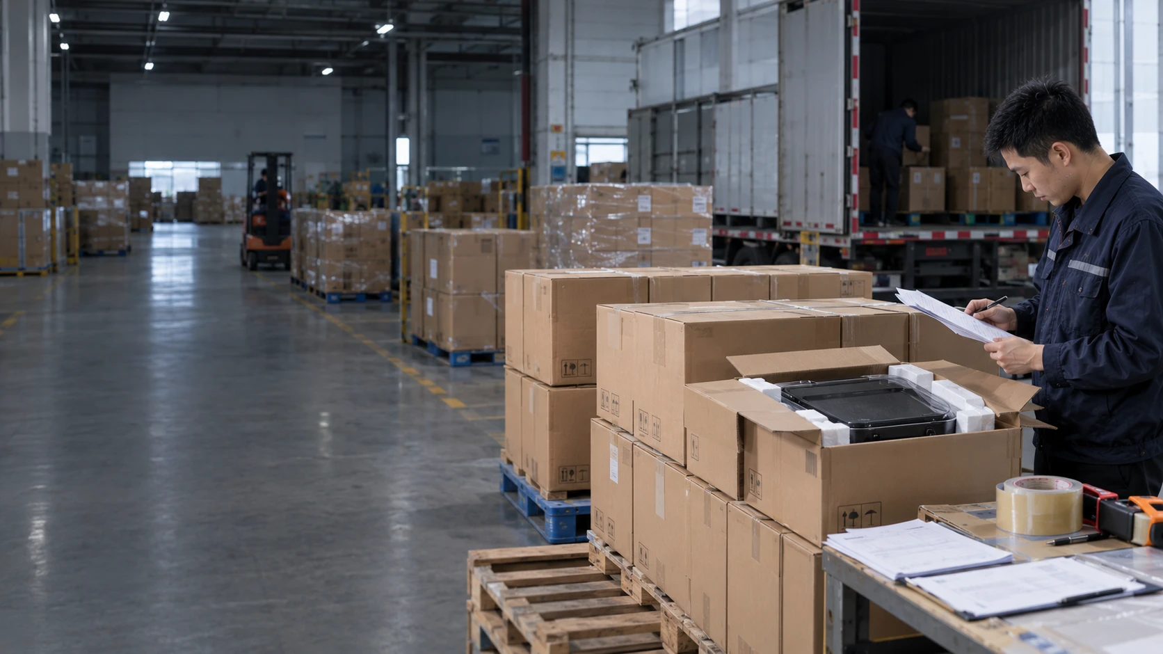 Chinese warehouse coordinator preparing packed tabletop cooking appliances for shipment