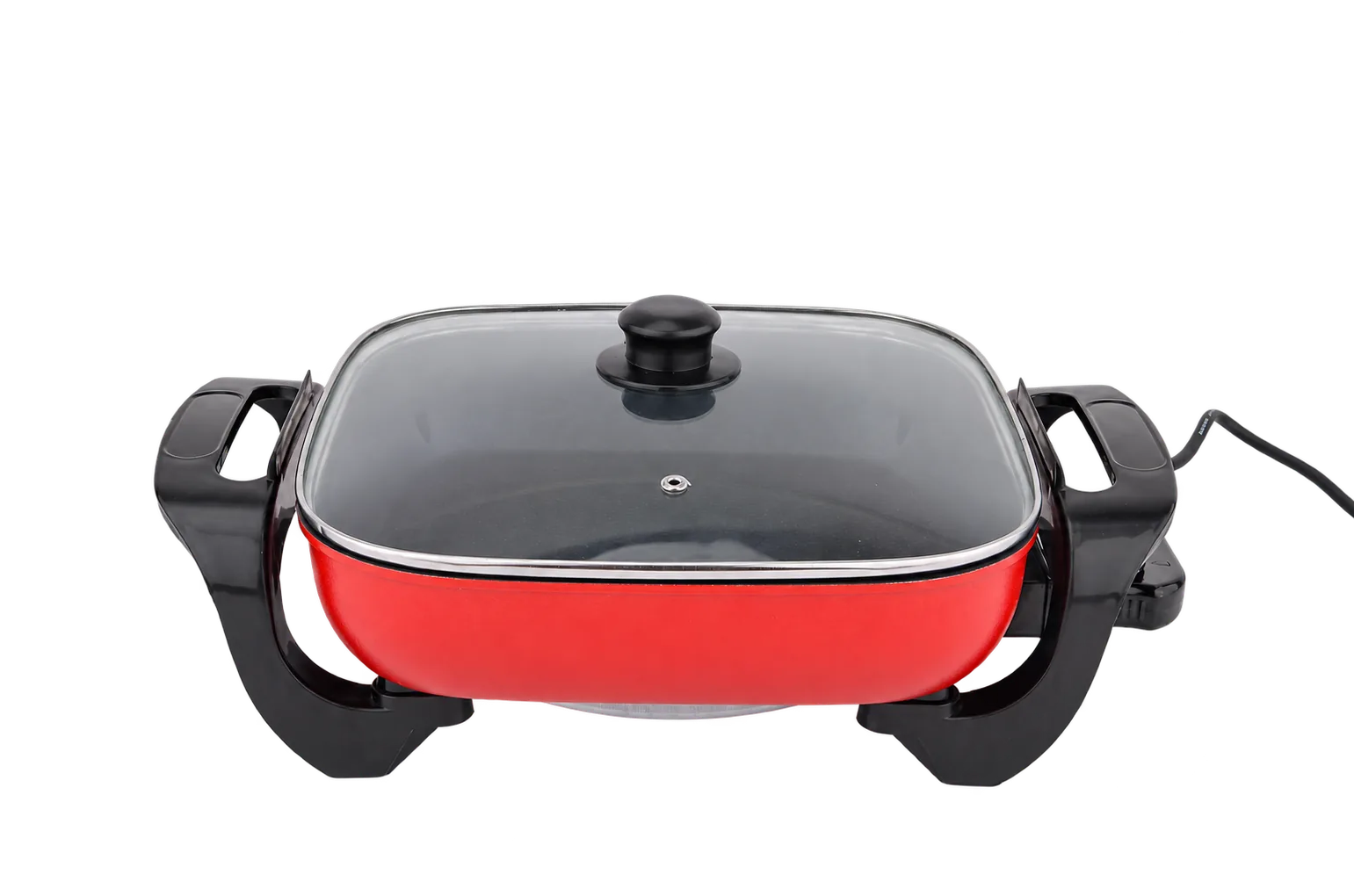 Concept illustration of a red electric skillet with a glass lid and side controller.
