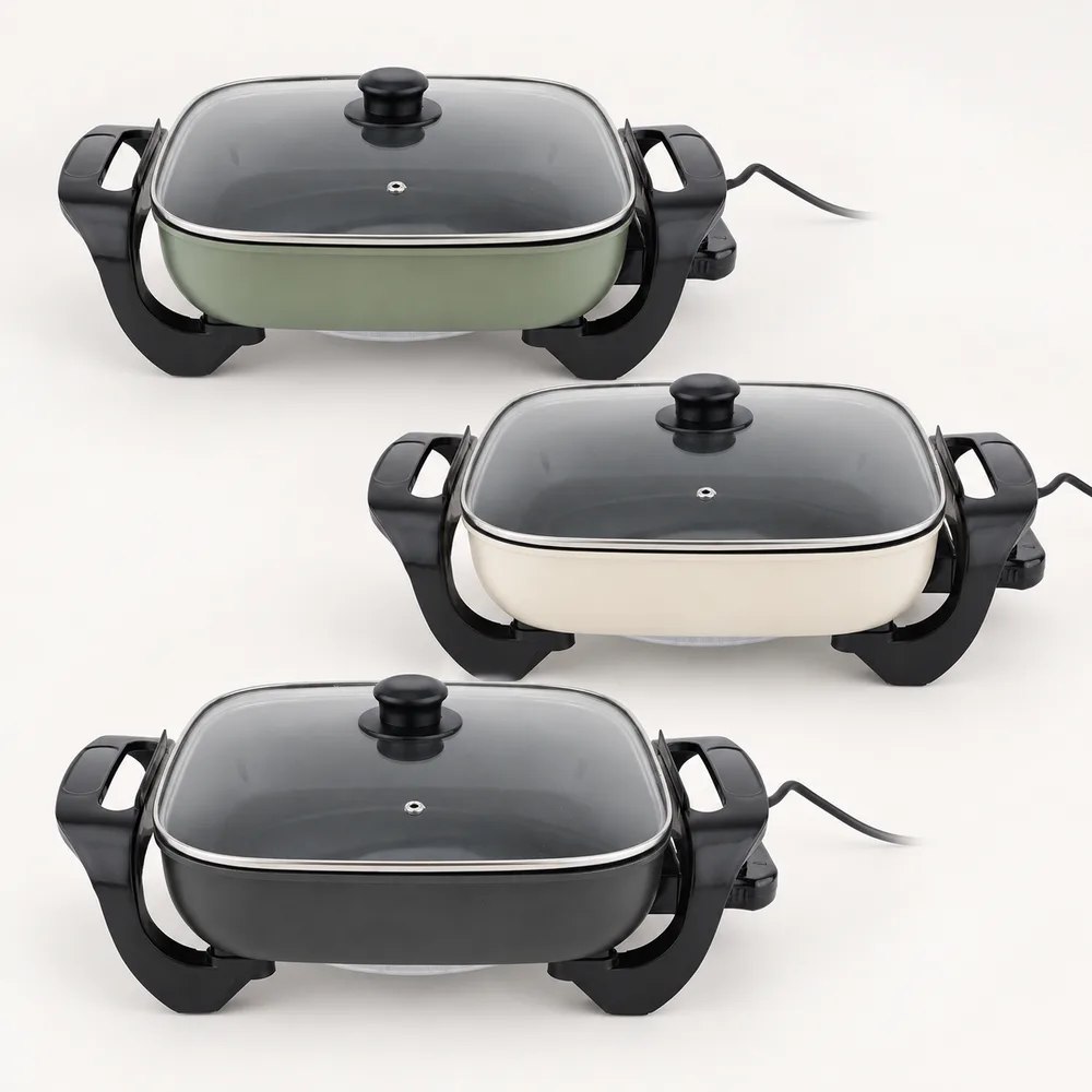 Concept illustration of the same electric skillet in sage, ivory and charcoal.