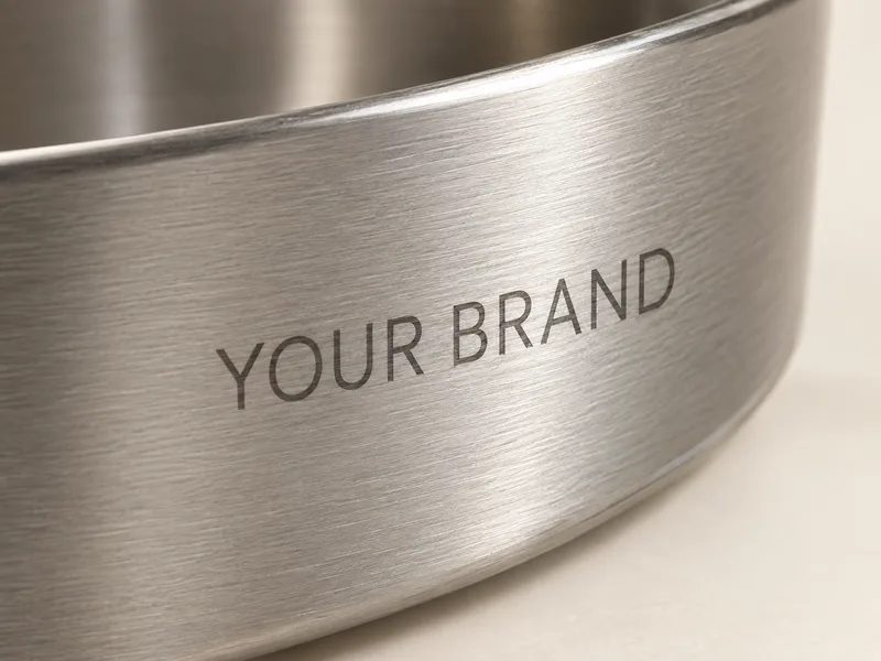 Laser marking concept with flat dark YOUR BRAND lettering on brushed steel.