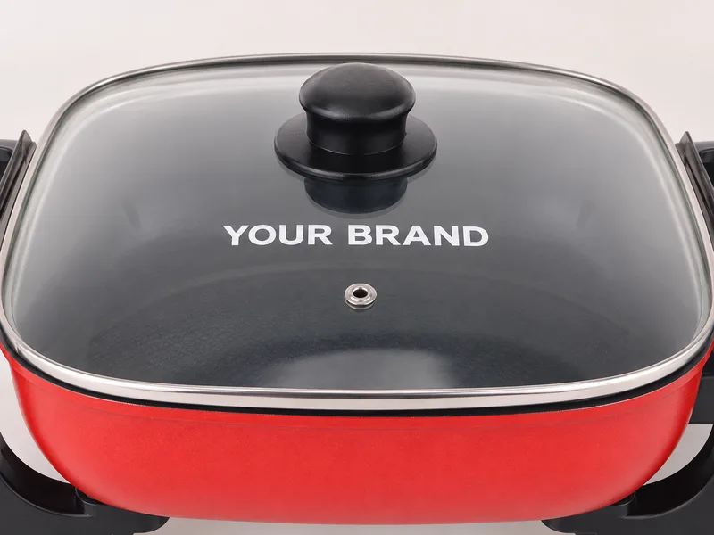 Screen printing concept with flat white YOUR BRAND lettering on a glass lid.