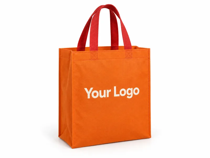 Orange non-woven fabric bag with red handles and Your Logo printing.