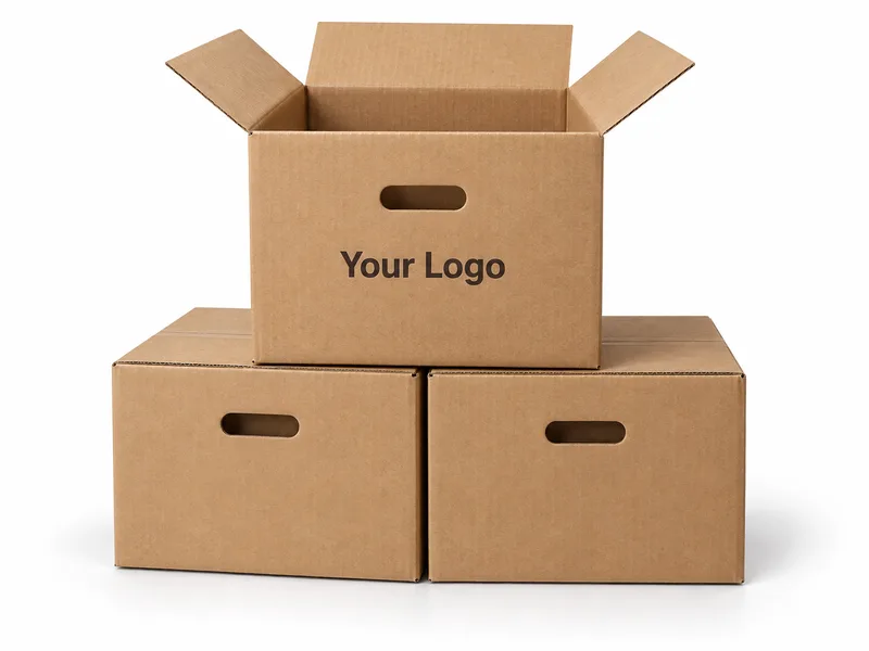 Stacked kraft display boxes with hand holes and Your Logo printing.