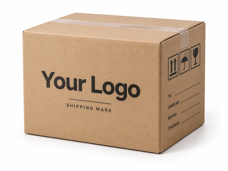 Sealed kraft shipping carton with Your Logo and handling symbols.