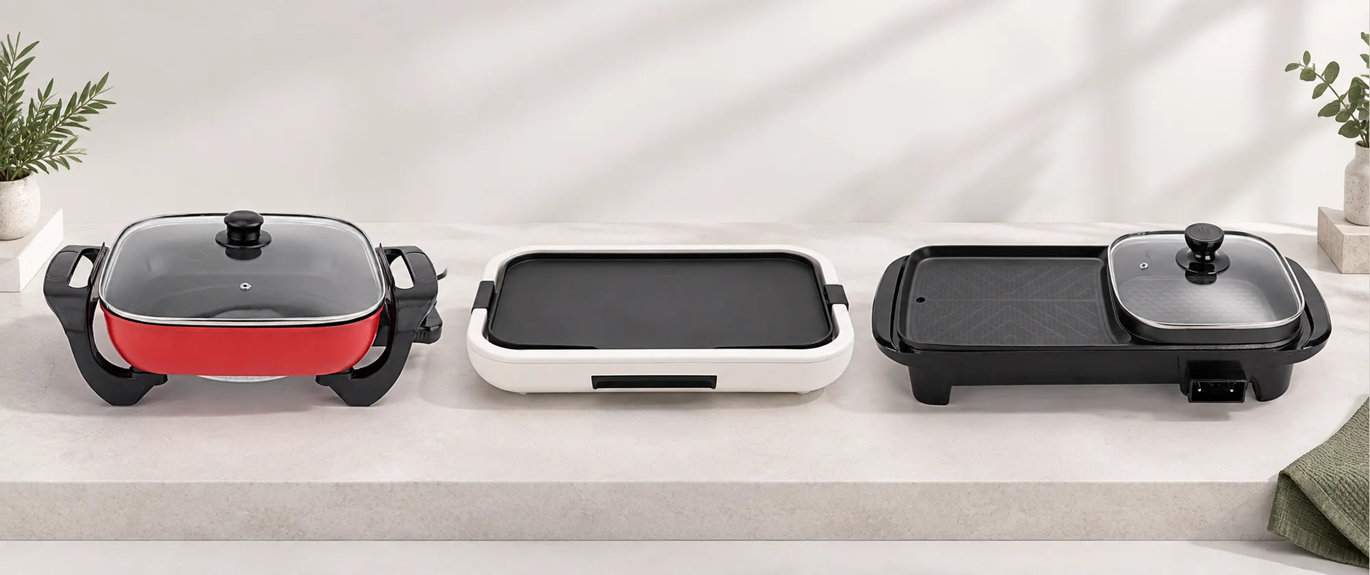 Concept collection of an electric skillet, tabletop grill and grill with hot pot.