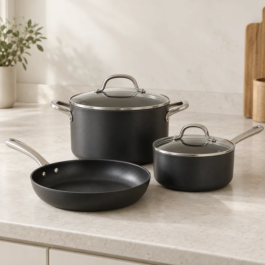 Cookware set with frying pan and lidded pots.