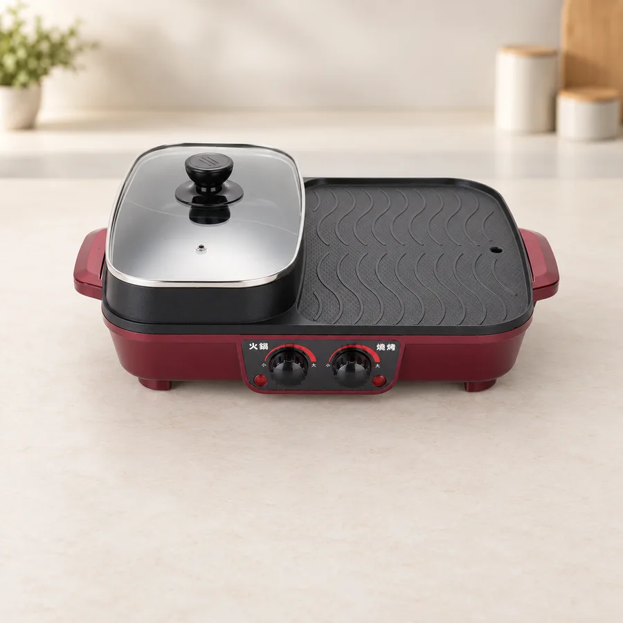 Electric grill and hot pot appliance with a lidded pot.