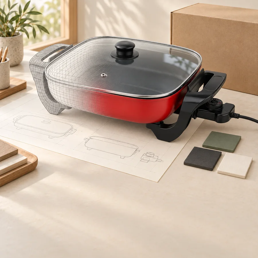 Electric skillet transitioning from a design sketch to a finished appliance.